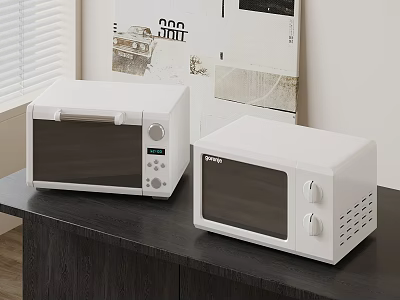 Two White Microwave Appliances On Dark Kitchen Countertop In Modern Interior Design 3d model