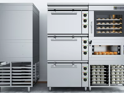 Commercial Kitchen Appliances Including Oven Refrigerator And Bread Display Cabinet For Professional Bakery Use 3d model