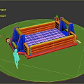 Kids Playing on Inflatable Bounce House with Blue Red Yellow Design in Outdoor Area