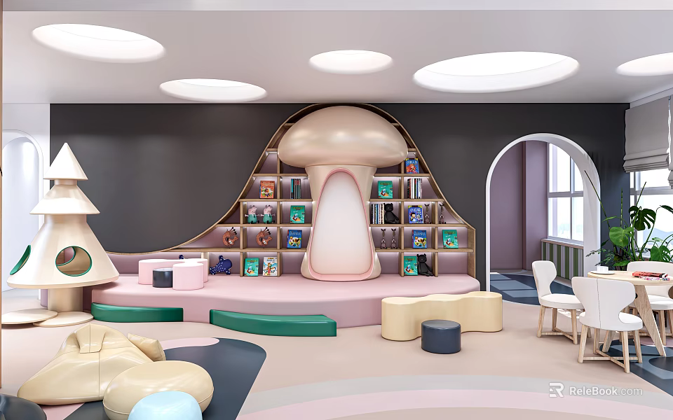 Kindergarten With Mushroom Shaped Bookshelf Pink Steps Green Seats And Round Lights 3d model 