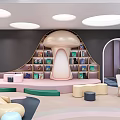 Kindergarten With Mushroom Shaped Bookshelf Pink Steps Green Seats And Round Lights