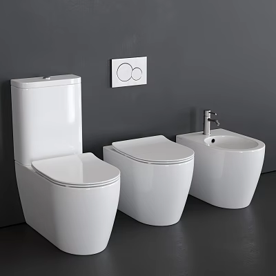 Modern White Toilets Sleek Design In Contemporary Bathroom With Bidet And Washbasin Faucet 3d model