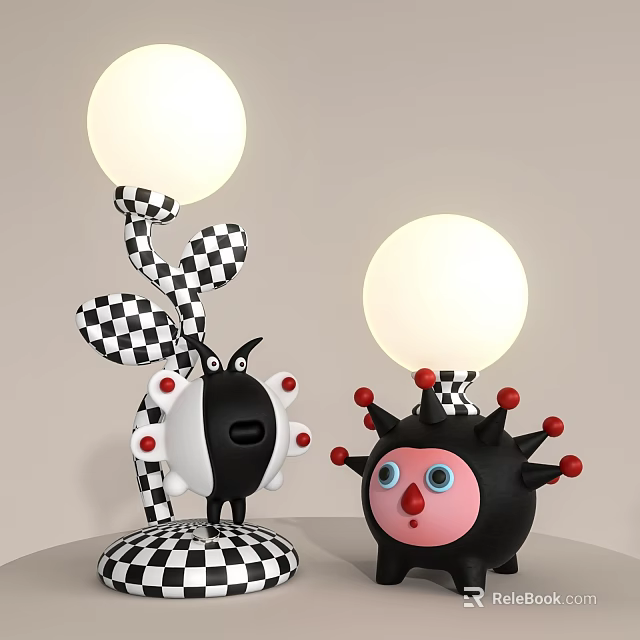 Two Creative Table Lamps With Black White Checkered Design Red Decorations And Spherical Shades 3d model 