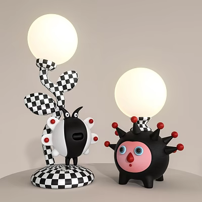 Two Creative Table Lamps With Black White Checkered Design Red Decorations And Spherical Shades 3d model