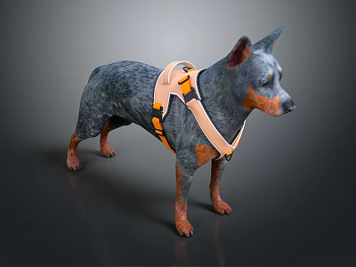 Dog Wearing Orange And Beige Harness Standing On Dark Surface Side Profile 3d model