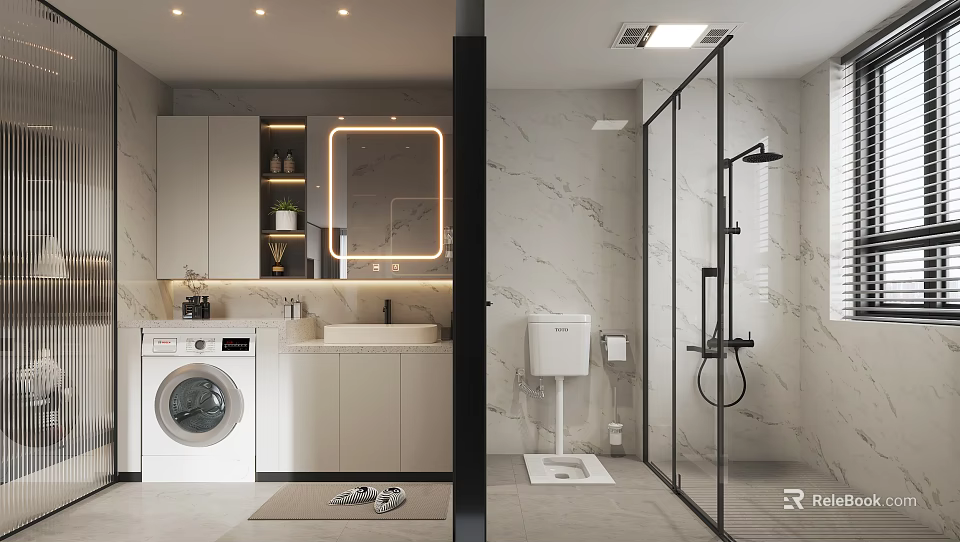 Modern Bathroom Interior With Marble Walls Vanity Illuminated Mirror Glass Shower And Washing Machine 3d model 