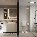Modern Bathroom Interior With Marble Walls Vanity Illuminated Mirror Glass Shower And Washing Machine