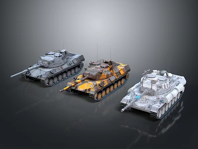 Three Military Tanks With Urban Desert And Snow Camouflage Designs 3d model
