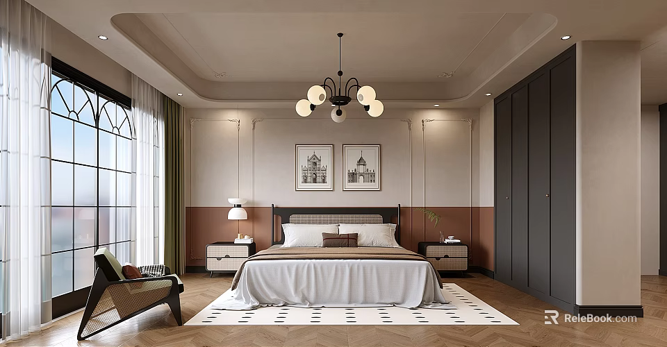 Modern Bedroom Interior Design With White Bedding Chandelier Framed Artworks Bedside Tables And Geometric Rug 3d model 