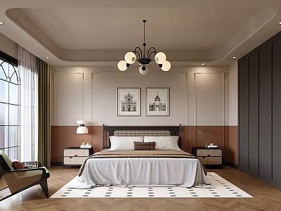 Modern Bedroom Interior Design With White Bedding Chandelier Framed Artworks Bedside Tables And Geometric Rug 3d model