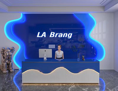 Store Front Desk Blue Wavy Neon Backdrop LA Brang Signage Wavy Counter Staff Decorative Plants 3d model