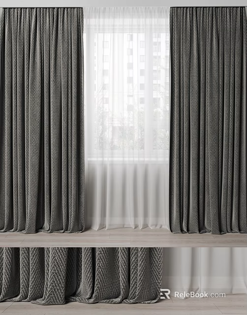 Gray Curtains With White Sheer Panels For Window In Modern Indoor Home 3d model 