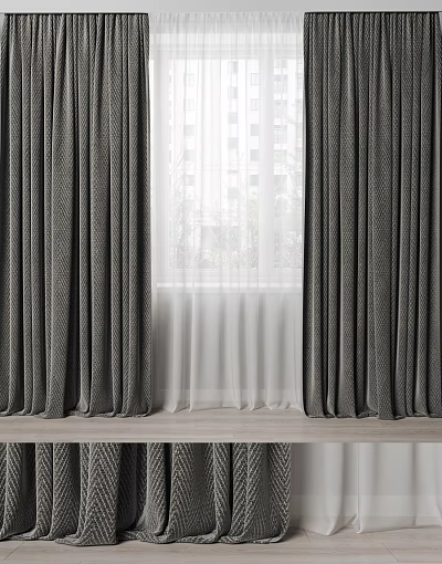 Gray Curtains With White Sheer Panels For Window In Modern Indoor Home 3d model