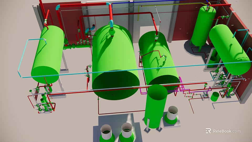 Industrial Equipment Configuration Featuring Green Storage Tanks And Piping Systems 3d model 