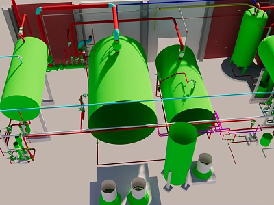 Industrial Equipment Configuration Featuring Green Storage Tanks And Piping Systems 3d model