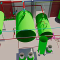 Industrial Equipment Configuration Featuring Green Storage Tanks And Piping Systems