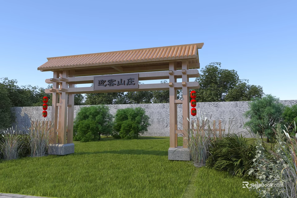 Rural Mountain Villa Landscape With Wooden Archway Red Lanterns Green Lawn And Stone Wall 3d model 
