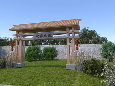 Rural Mountain Villa Landscape With Wooden Archway Red Lanterns Green Lawn And Stone Wall 3d model