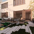 Modern White Detached Villa Exterior With Two Windows Trees Fence And Front Patio