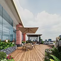 Rooftop Garden Landscape With Wooden Deck Gazebo Wicker Furniture Green Plants And Flowers