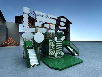 Outdoor Modern Photo Check-in Spot With Green Staircases Circular Decorations And Geometric Design 3d model