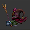 Pink Haired Character With Golden Headdress Holding Golden Staff And Purple Horned Blue Creatures