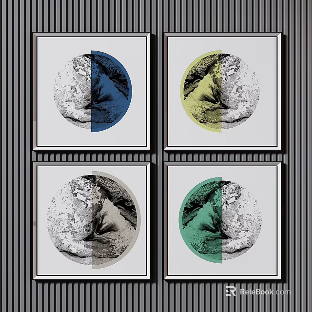 Four Framed Artworks With Circular Split Design In Blue Yellow Gray Green 3d model 