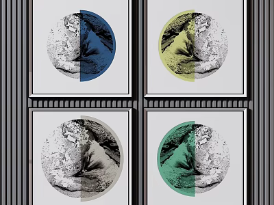 Four Framed Artworks With Circular Split Design In Blue Yellow Gray Green 3d model