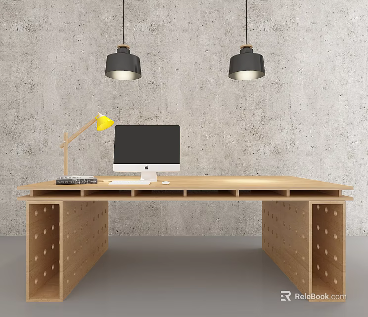 Modern Wooden Desk With Black Pendant Lights Yellow Desk Lamp White Monitor And Perforated Design 3d model 