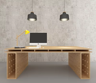 Modern Wooden Desk With Black Pendant Lights Yellow Desk Lamp White Monitor And Perforated Design 3d model