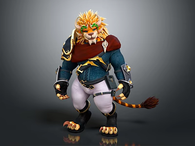 Lion Headed Mythical Warrior Character With Golden Mane Green Eyes And Tiger Tail 3d model