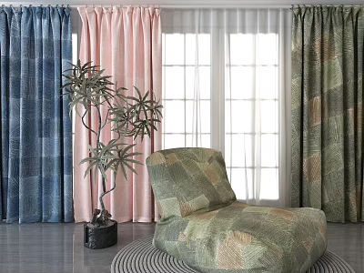 Stylish Blue Pink Green Curtains with Sheer Panels and Potted Plant by Window 3d model