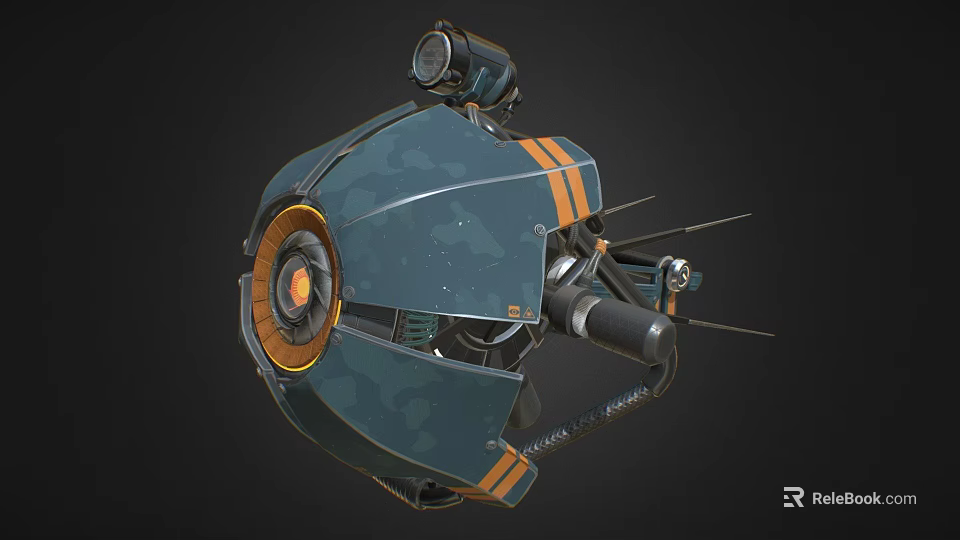 Cosmic Aerospace Spherical Spacecraft Component With Orange Stripes Central Circular Design And Mechanical Antennas 3d model 