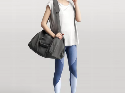 Woman in White T-shirt and Blue Leggings Carrying Gray Large Bag on Gray Background 3d model