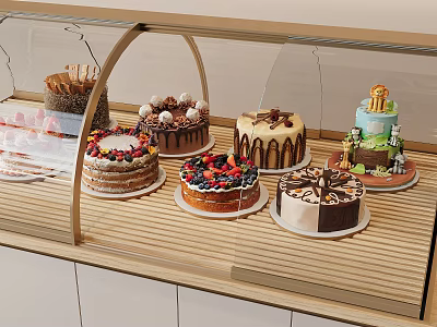Assorted Cakes With Fruit Chocolate Cream Decorations In Glass Display Case On Wooden Counter 3d model