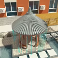Traditional Garden Pavilion With Gray Tiled Roof And Blue Hanging Chains By Orange Building