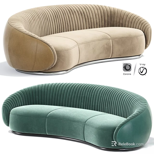 Modern Curved Two Seater Sofa With Ribbed Velvet Upholstery Color Options And Metal Base 3d model 
