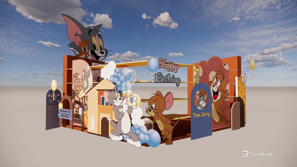 Tom and Jerry Themed Birthday Party Decoration With Cartoon Characters Balloons And Scenic Setup 3d model 