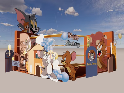 Tom and Jerry Themed Birthday Party Decoration With Cartoon Characters Balloons And Scenic Setup 3d model