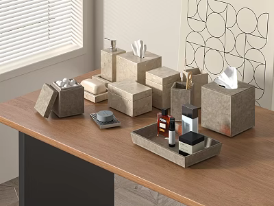 Modern Bathroom Accessories With Storage Boxes Tray Toiletries Bottles Soap Dish In Neutral Tones 3d model