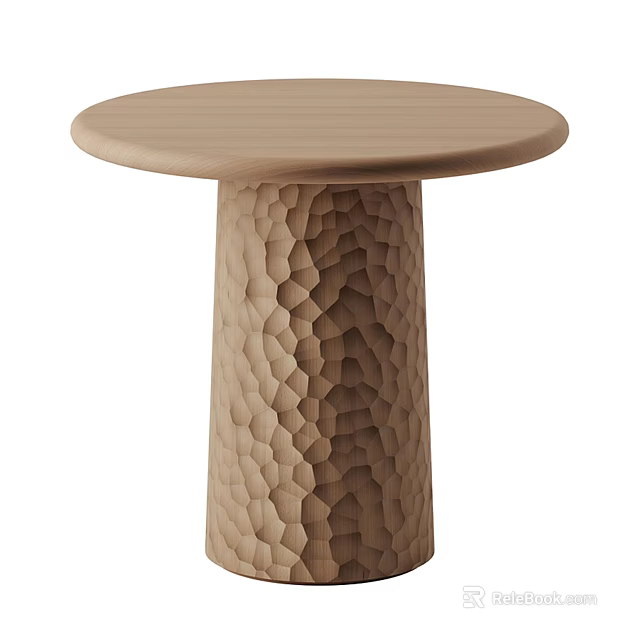 Stylish Wooden Side Table With Round Top And Geometric Textured Base 3d model