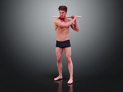 Shirtless Man In Black Shorts Holding Stick Performing Exercise On Dark Background With Reflective Floor 3d model