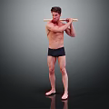 Shirtless Man In Black Shorts Holding Stick Performing Exercise On Dark Background With Reflective Floor