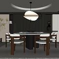 Modern Restaurant Interior With Round Pendant Light Wooden Dining Table And White Chairs
