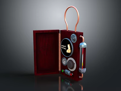 Vintage Portable Computer with Wooden Case Copper Handle Circular Screen Transparent Tube and Knobs 3d model