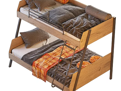 Wooden Bunk Bed With Metal Ladder Mattresses Quilts Pillows And Plaid Blanket 3d model