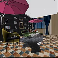 Modern Front Desk Reception Space With Red Umbrella Decor Green Sofa Yellow Armchair And Bookshelves