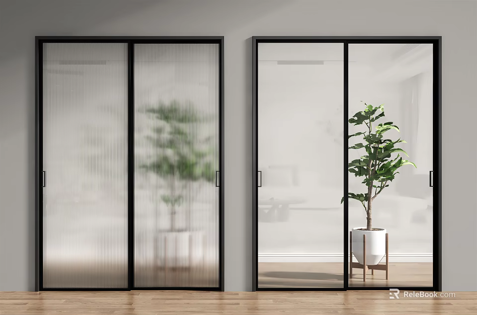 Modern Glass Sliding Doors With Black Frame In Indoor Space And Green Plant 3d model 