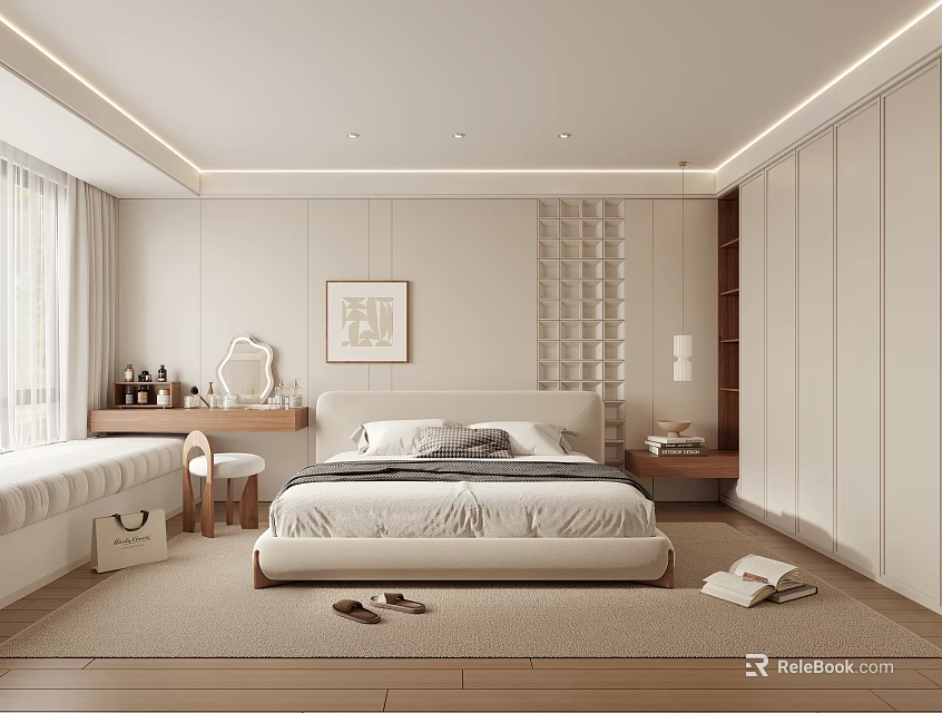 Modern Minimalist Bedroom Interior Design With Large Bed Dressing Table Window Bench And Artwork 3d model 