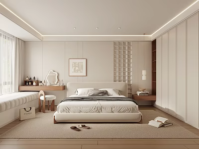 Modern Minimalist Bedroom Interior Design With Large Bed Dressing Table Window Bench And Artwork 3d model
